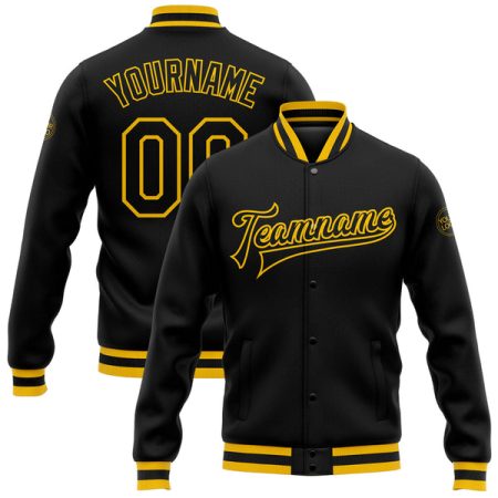 Custom Black Black-Gold Bomber Full-Snap Varsity Letterman Jacket