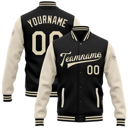 Custom Black Cream Bomber Full-Snap Varsity Letterman Two Tone Jacket