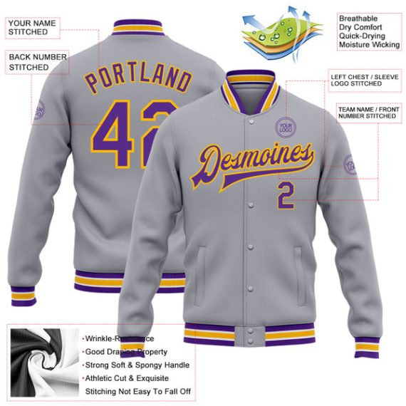 Custom Gray Purple-Gold Bomber Full-Snap Varsity Letterman Jacket