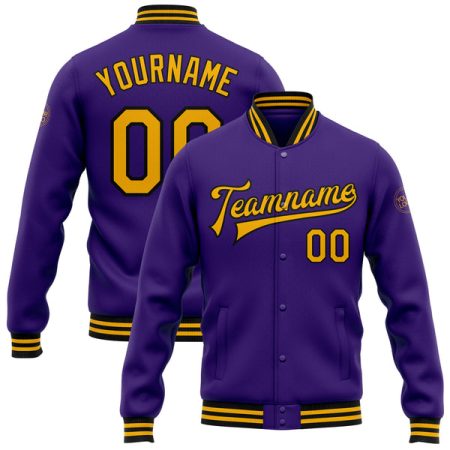 Custom Purple Gold-Black Bomber Full-Snap Varsity Letterman Jacket