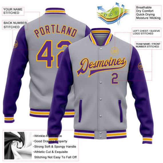 Custom Gray Purple-Gold Bomber Full-Snap Varsity Letterman Two Tone Jacket