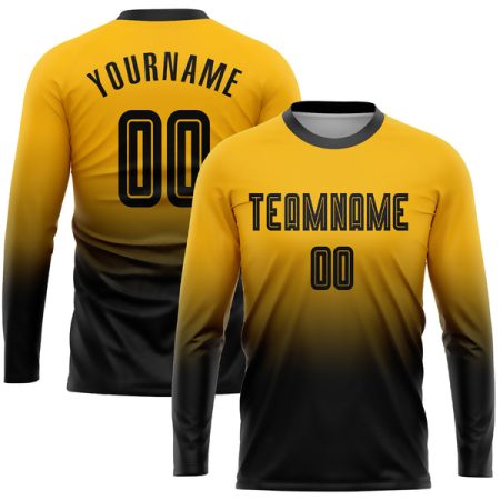 Custom Gold Black Sublimation Long Sleeve Fade Fashion Soccer Uniform Jersey